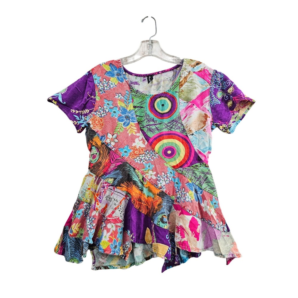 Sacred Threads Patchwork Top Women S Multicolor Boho Ruffle Peplum Short Sleeve